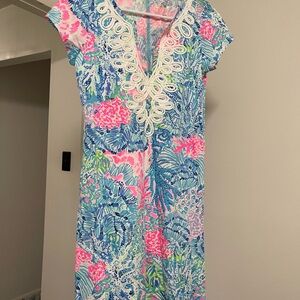 Lilly Pulitzer Pink and Blue Floral Dress with Lace -short (about knee length)